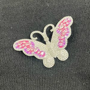 Butterfly Brooch Pin Pendant Pink & Clear Rhinestones